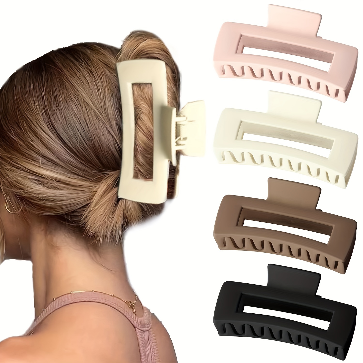 

4pcs Solid Color Matte Hollow Out Hair Claw Clips Large Rectangular Hair Grab Clips Ponytail Holders For Women And Daily Use