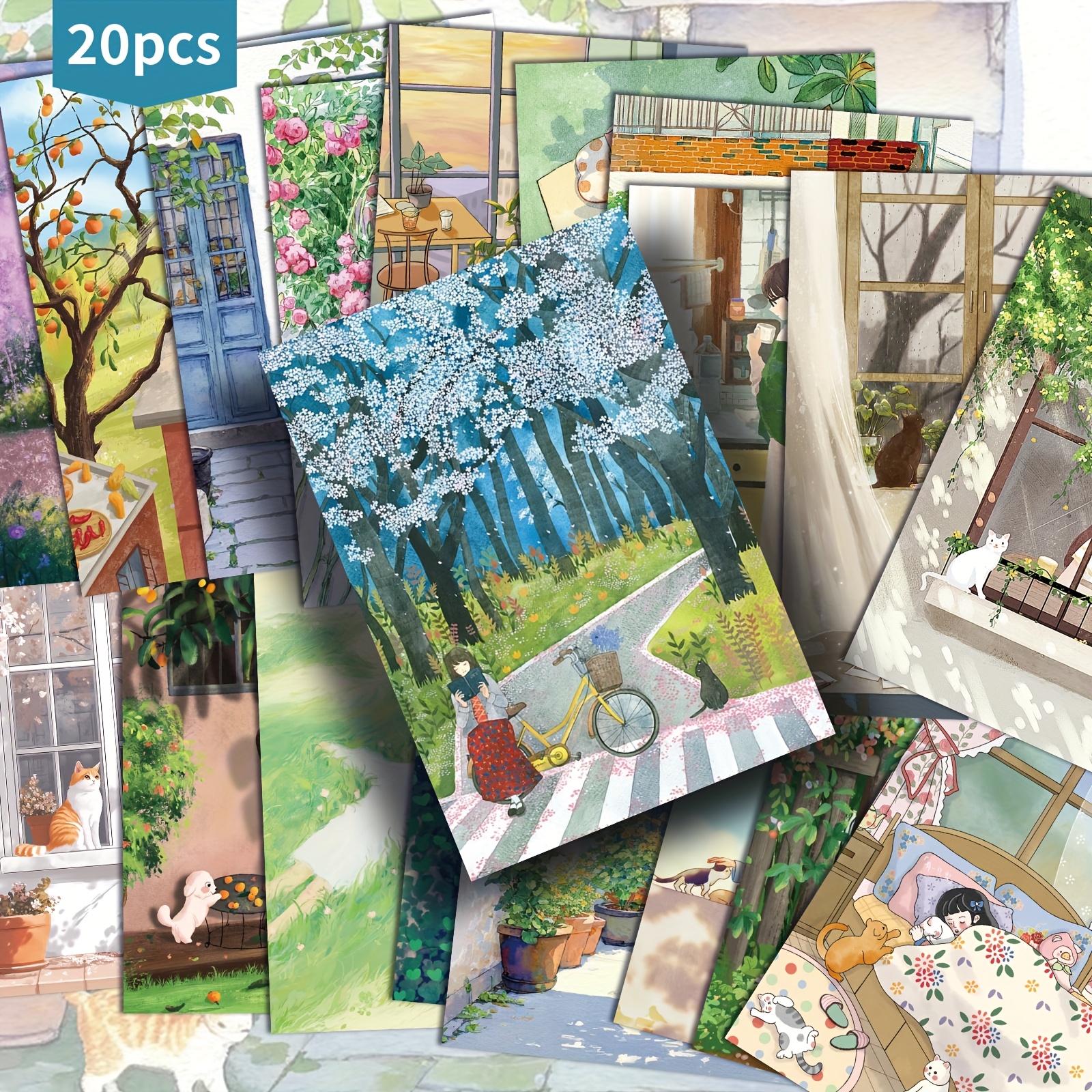 TEMU Set Of 20 Postcards Featuring Cartoon-style Illustrations Of A Girl And A Cat, Measuring 4x6 Inches. Classic Pinup Designs Are Perfect For Junk