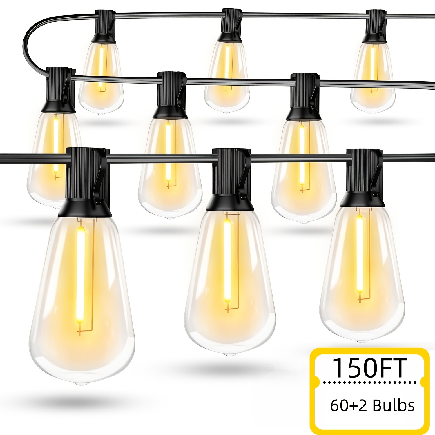 TEMU Bhony 50ft/100ft/150ft Outdoor String Lights - Shatterproof & Edison Bulbs, Heavy-duty Metal Construction, 20+1/40+2/60+2 Bulbs, St38 Lights For