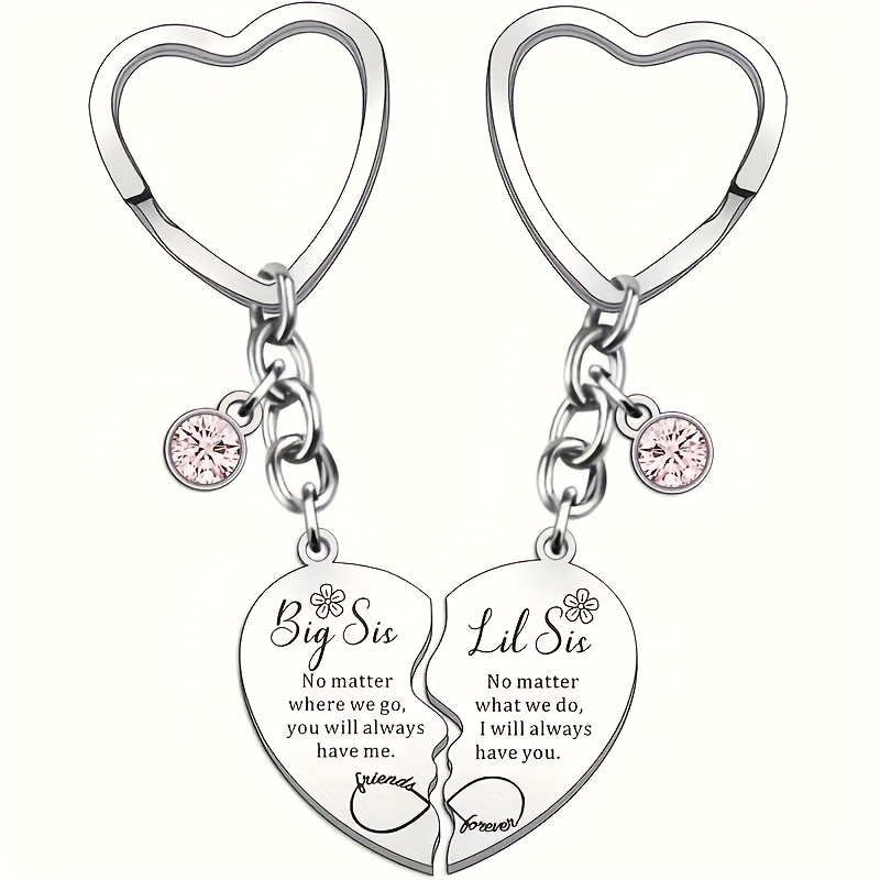 

Little Sis Heart Keychain Set, Matching Sister Keyrings With Ring , Decorative Stainless Chains, Birthday Gift Theme With & Love , 2pcs Set