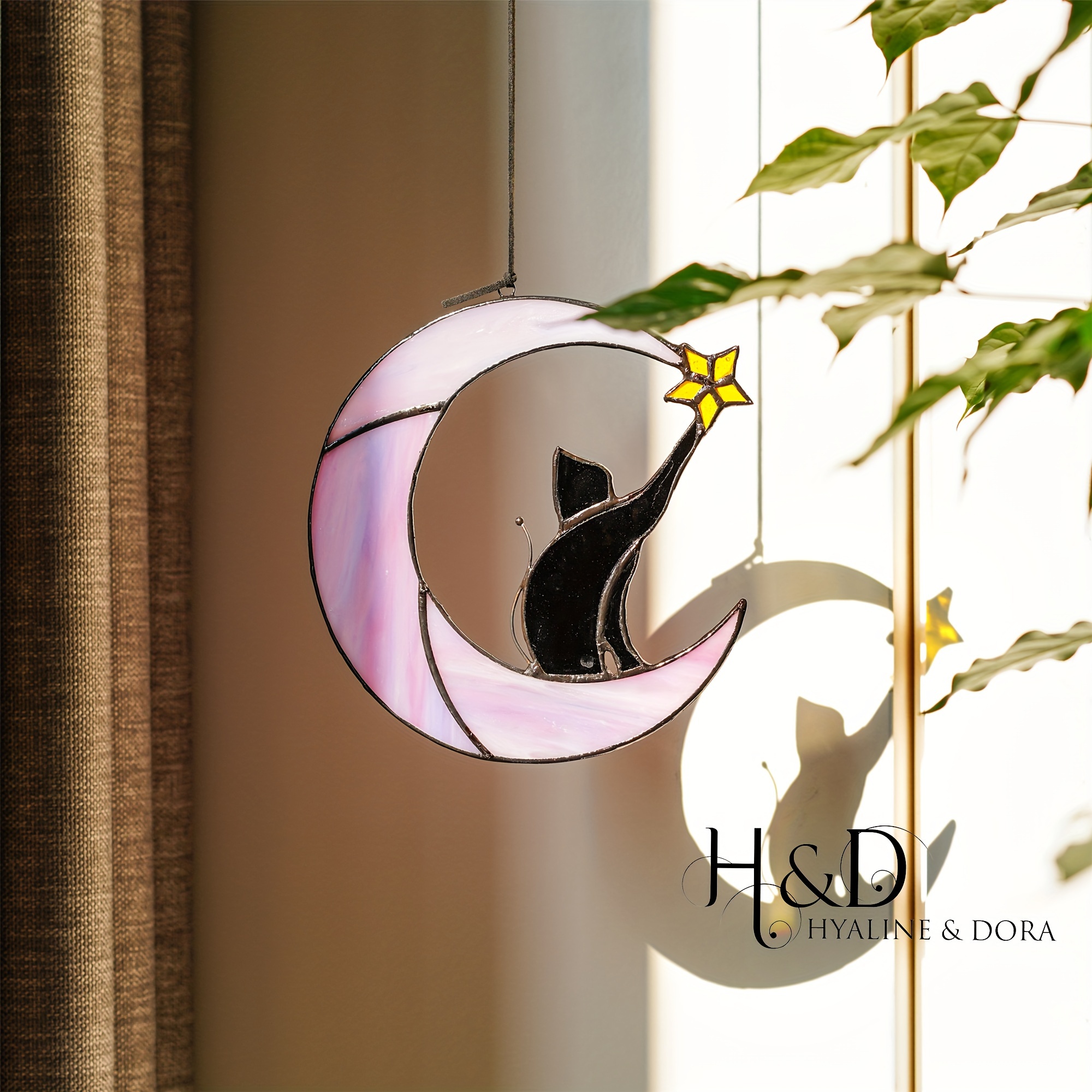 

H&d Hyaline& 1pcs Stained Glass Black Cat On Moon Pendant Suncatcher Window Hanging Ornament Garden Hanging Decor Memorial Gifts For Cat Loves