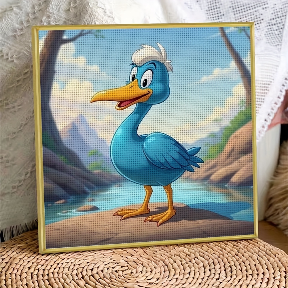 Cross Stitch Kit Featuring Cheerful Blue Cartoon Bird by the River