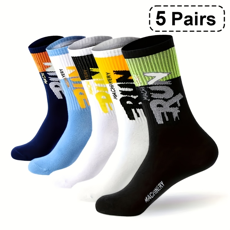 TEMU 5-pair Mid-calf Socks - Men's Breathable Athletic Basketball Socks, Comfortable And Soft Sports Long Socks