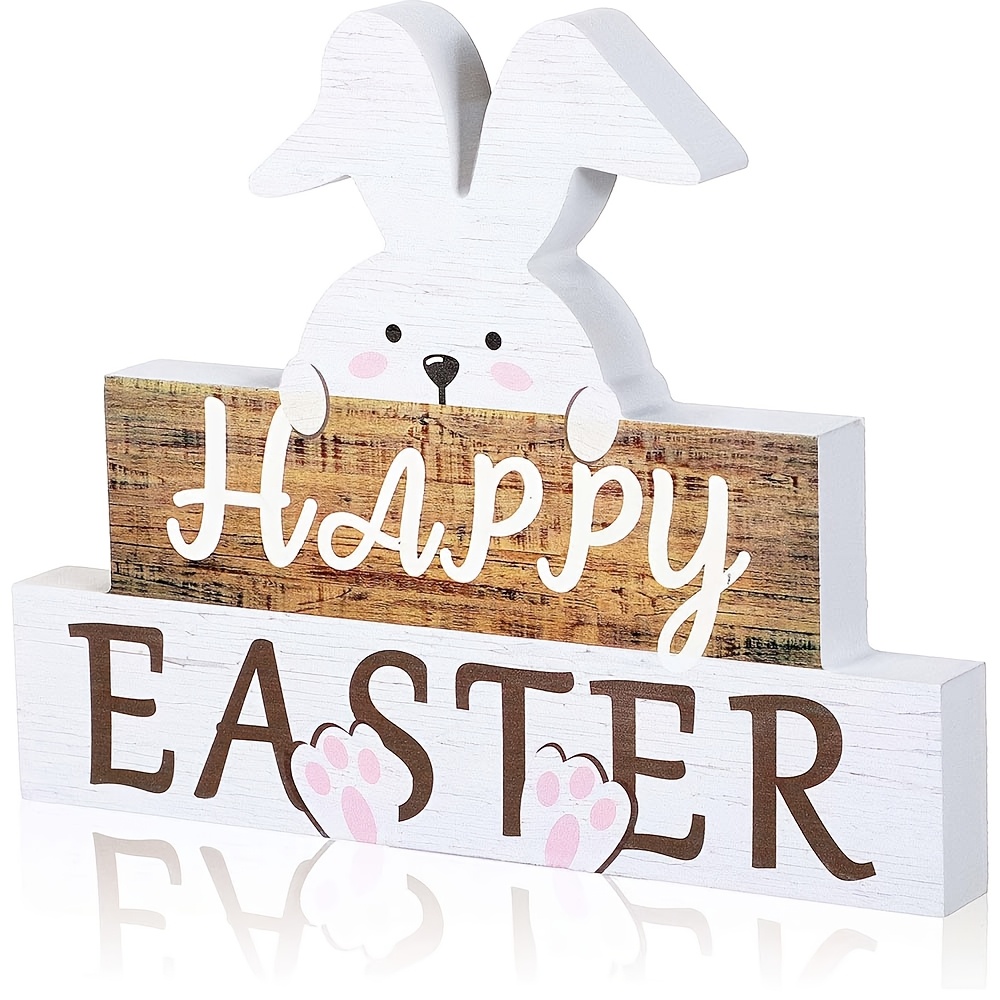 

1pc Easter Bunny Wooden Table Sign - Rustic Farmhouse Decor With "" Banner, Silhouette & Prints - Battery-free Spring Holiday Decoration For Home