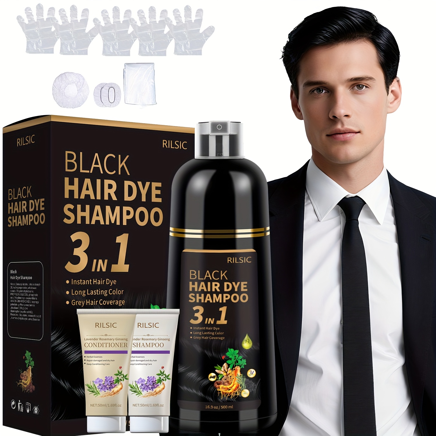 TEMU Rilsic 1 Set Instant Hair Dye Shampoo, 3in Plant Squalane Hair Dye, Long Lasting Hair Dye For Gray Hair, Black/dark Brown Hair Coloring Shampoo