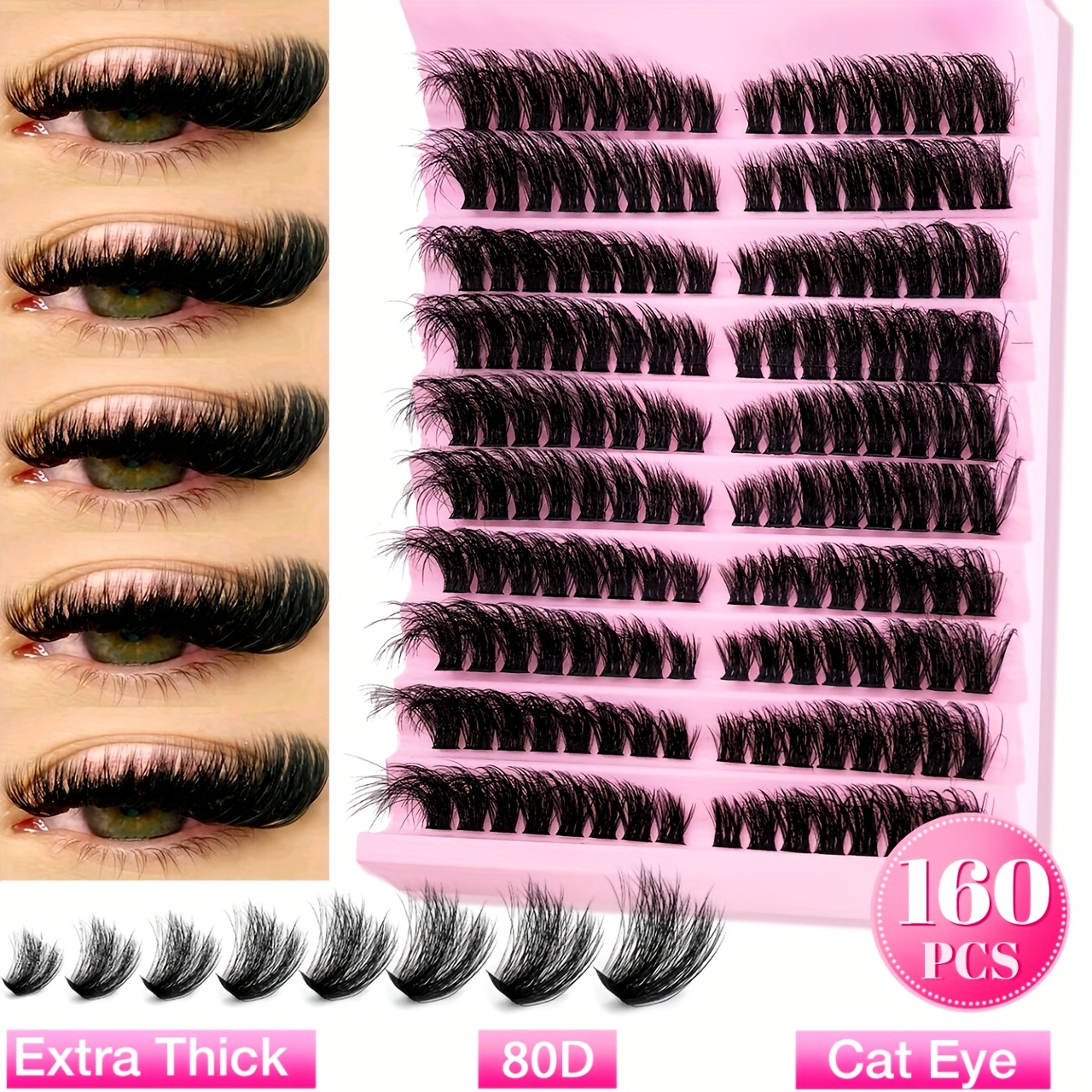 120 160 200pcs natural look d lash clusters 9 16mm diy eyelash extensions kit with mixed 40d t50 80d and 80d cat eye styles extra thick beginner friendly lightweight and reusable for results at home details 3