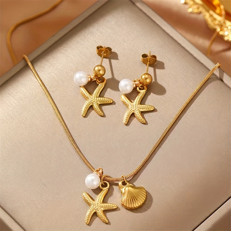 TEMU 3 Piezas de Conjunto de Collar y Aretes de Acero Inoxidable con Colgante de Estrella de , Perla y Concha, Joyería de Playa Impermeable y para