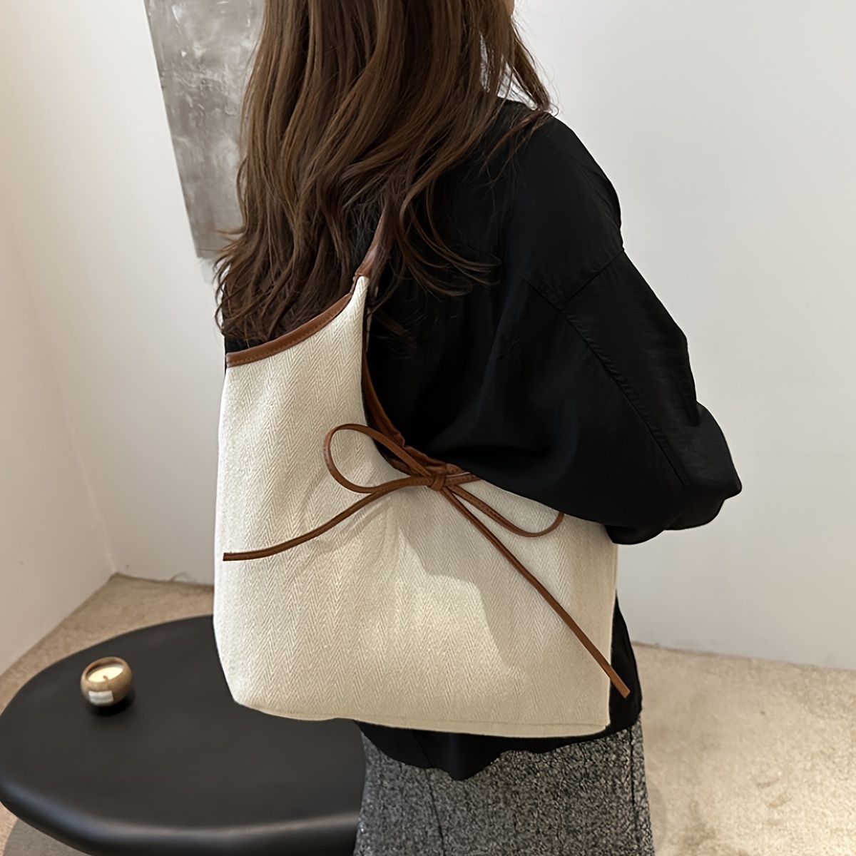 

Chic Coffee-colored Tote Bag With Bowknot Strap - Spacious & Stylish Shoulder Bag For Women, Work Or School