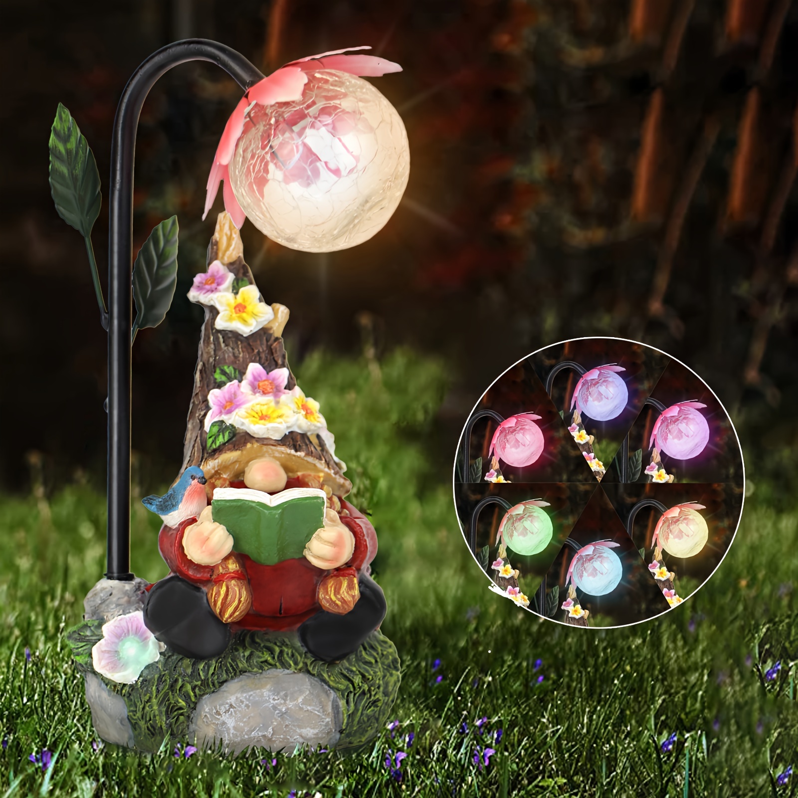 

1pc Garden Gnome Statue With Solar Led Lights, Classic Resin Outdoor Decor, Colorful Gradient Illumination For Patio Balcony Yard, Lawn Ornament Gift