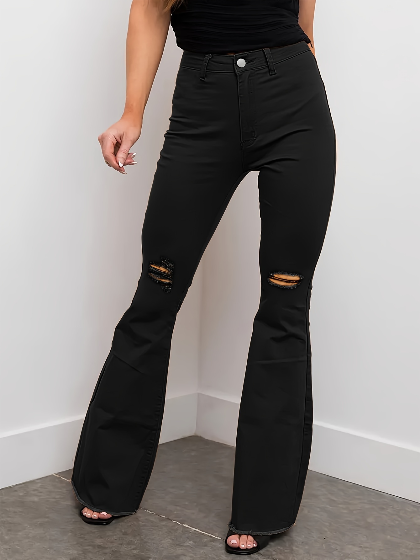 Black Ripped High Waist Flared Jeans, High * Bell Bottom Boot-Cut  Distressed Denim Pants, Women's Denim Jeans & Clothing