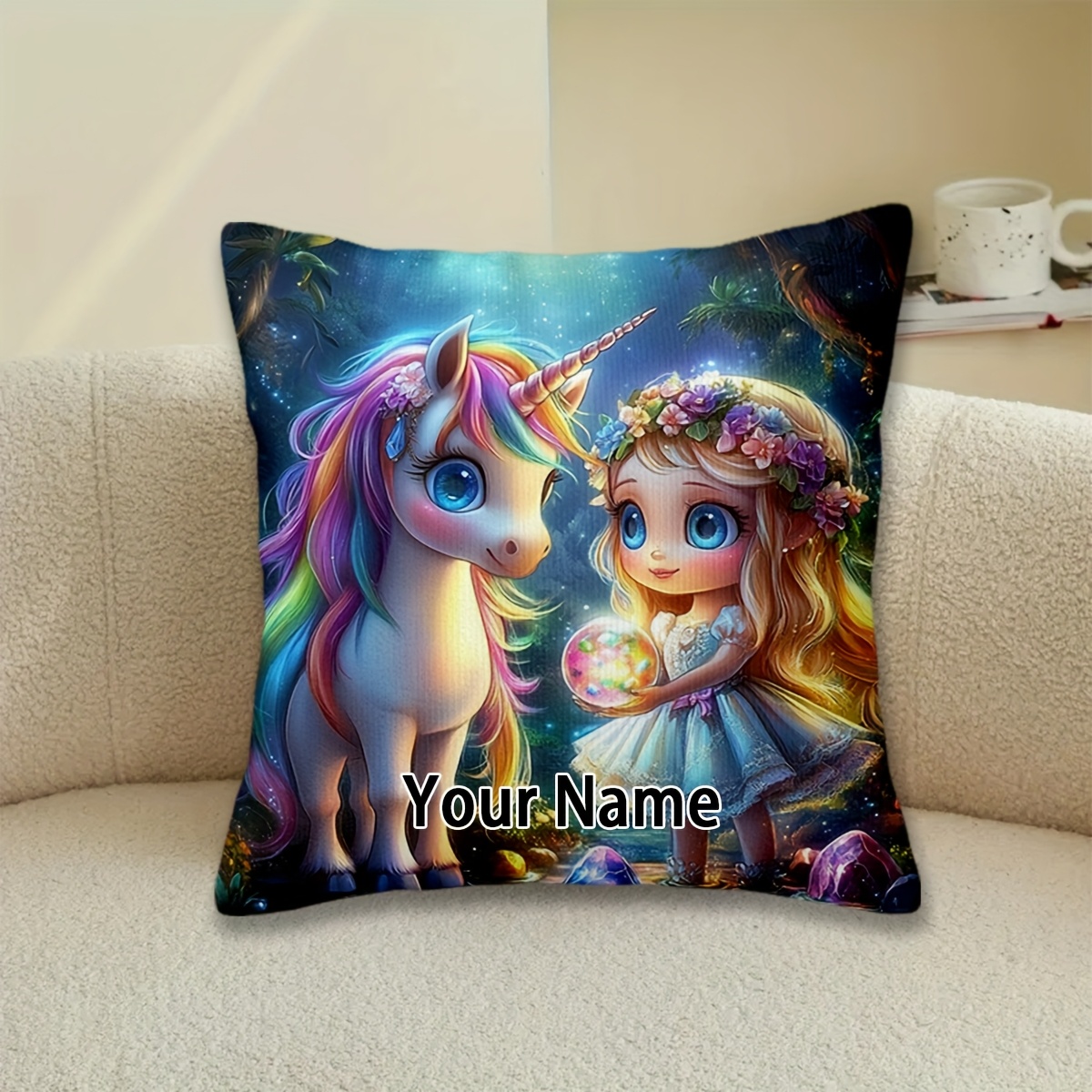 TEMU Customizable, 1pc, Throw Pillow Covers, Customizable With Or Name, Unicorn And Magical Girl, Patterned Short Plush Pillowcases (pillow Inserts