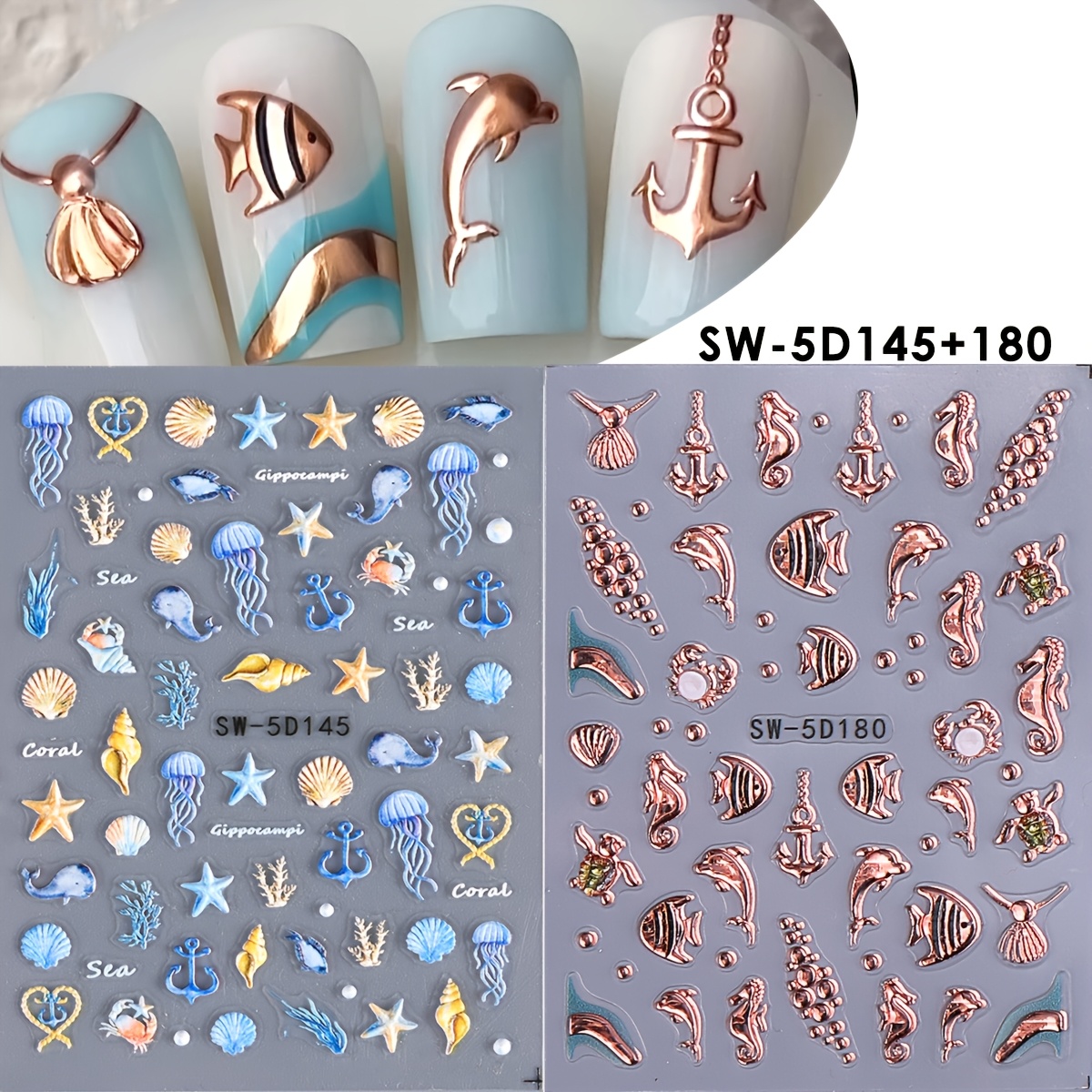 2 Sheet 5d Metallic Nail Embossed Sticker Bronzing Starfish Dolphin Marine Adhesive Decals Theme Manicure For Women And