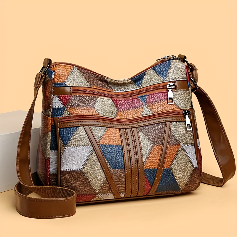 TEMU Pattern Crossbody Bag For Women,   Purse Adjustable Strap, Zipper Closure, Polyester Lining, Baigou , - Retro Handbag