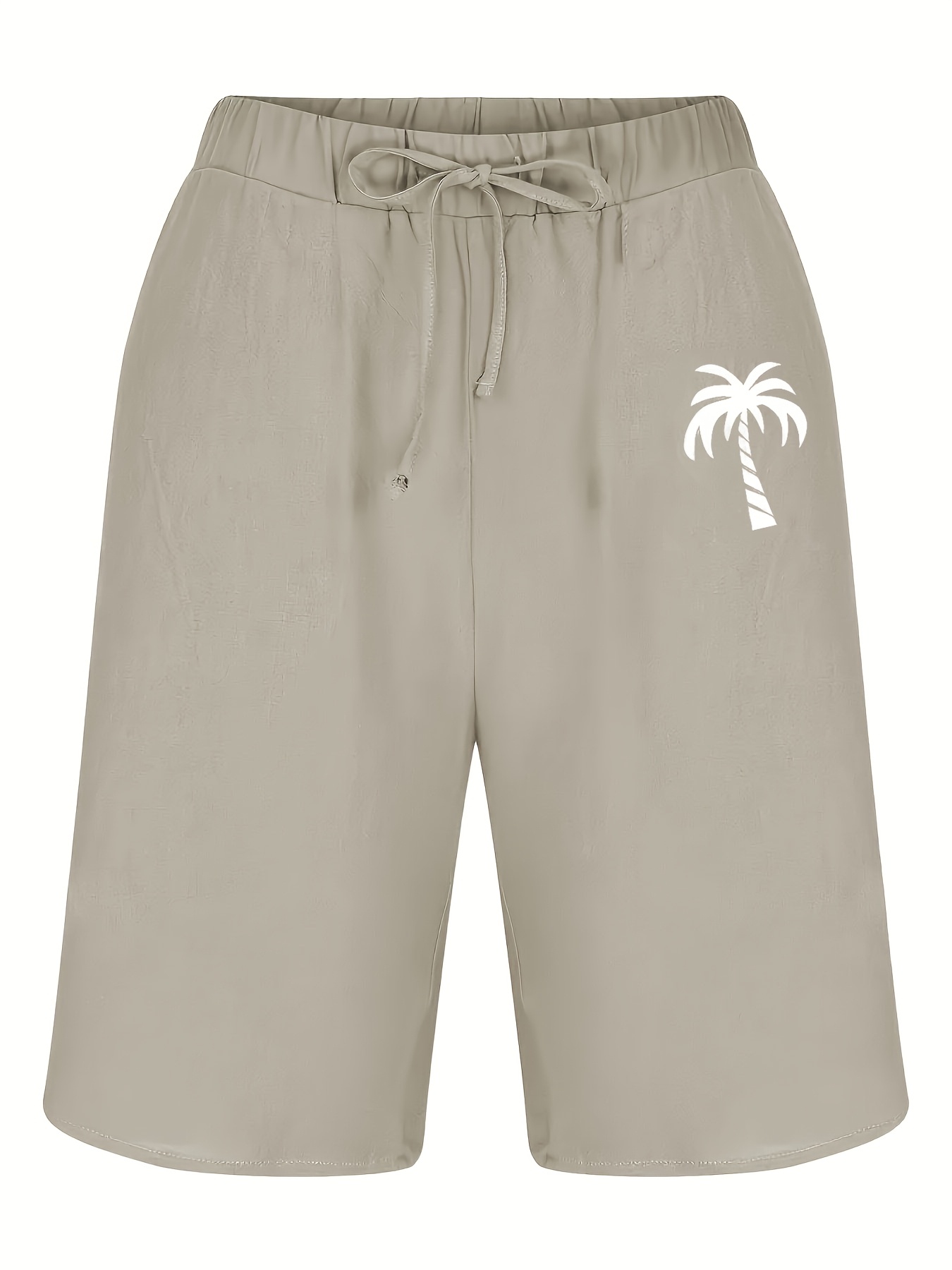 Men'S Cotton Shorts with Drawstring, Casual Palm Tree Print, All-Season, Non-Stretch Woven Fabric, Button Detail, Regular Fit, 110Gsm - Summer Beachwear, Plus Size