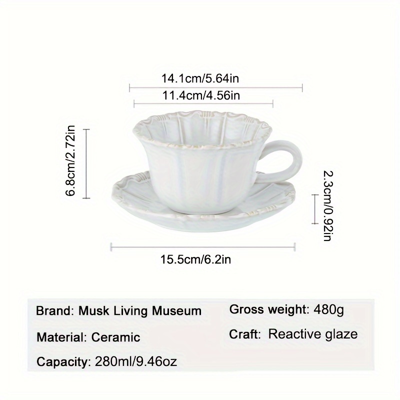 1 Set, Ceramic Embossed Coffee Mug with Saucer Set, Reactive Glaze White, 9.5Oz/280Ml for Latte Milk, Large Caliber Cup And Dessert Plate, Coffee Mug, Drinking Cup, Afternoon Tea Porcelain Set, Christmas Birthday Gift, for Home Office Meeting Room