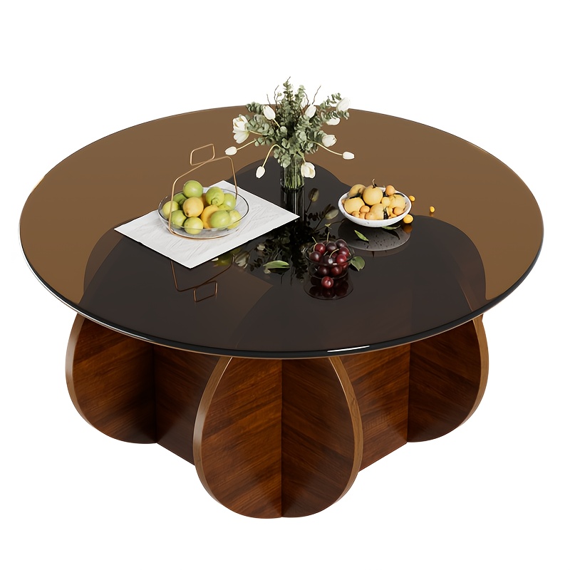 TEMU Table basse en verre pour salon, table basse ronde moderne, pieds de table en bois, table console ronde de style de siècle, plateau en verre