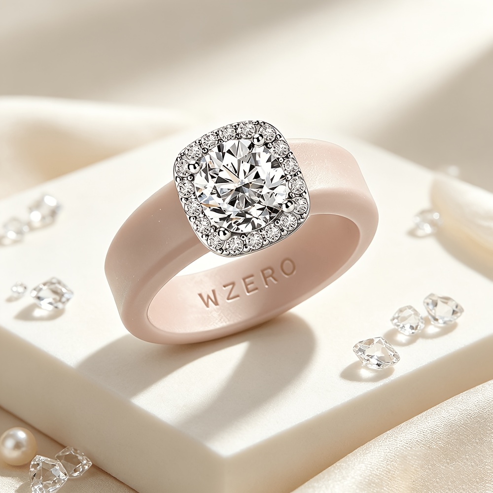 TEMU 1pc Women's Hypoallergenic Silicone Engagement Ring With 3a Zirconia Halo Inlay & Four-prong Setting, Stretchy Non-constricting Wedding Band
