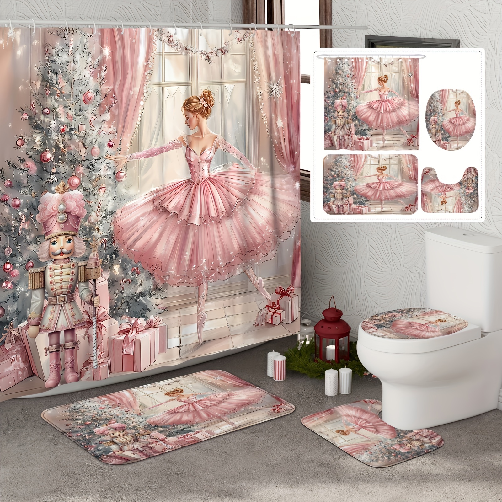 

1/3/4pcs Christmas Ballet Shower Curtain Set With Nutcracker Design - Luxury Pink, Waterproof Polyester Bathroom Decoration, With 12 Hooks, Non-slip Bath Mat, Toilet Seat Cover, For Decoration