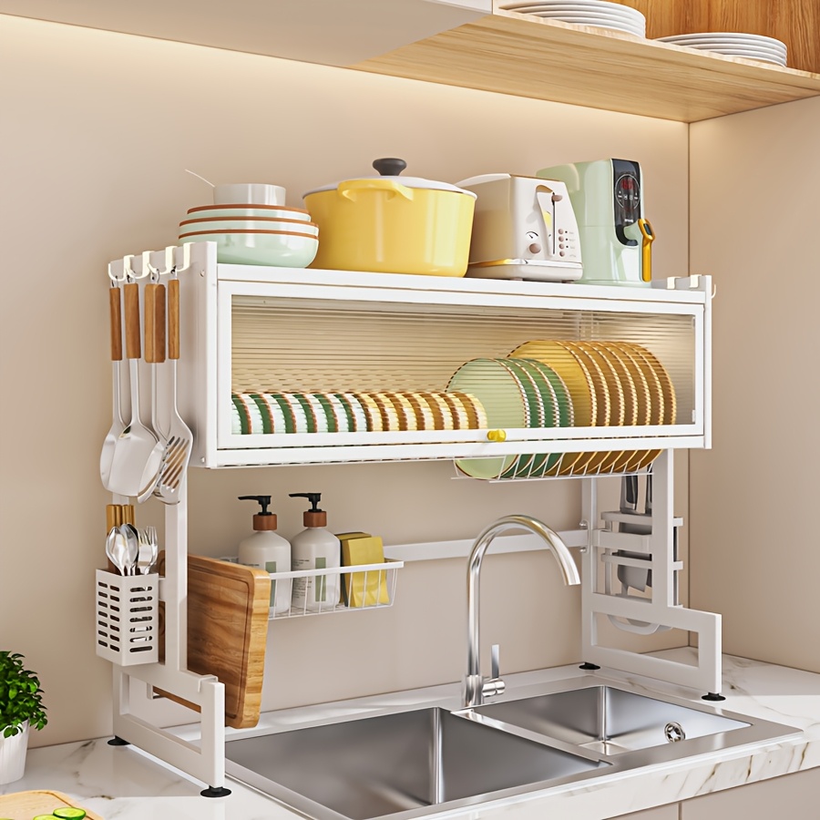 1pc escurridor de platos sobre el fregadero, estante de almacenamiento de metal de 3 niveles, organizador que para platos, vasos, tazones y cubiertos, y negro, en el piso, de estante de cocina multiusos, estantes de públicos detalles 0