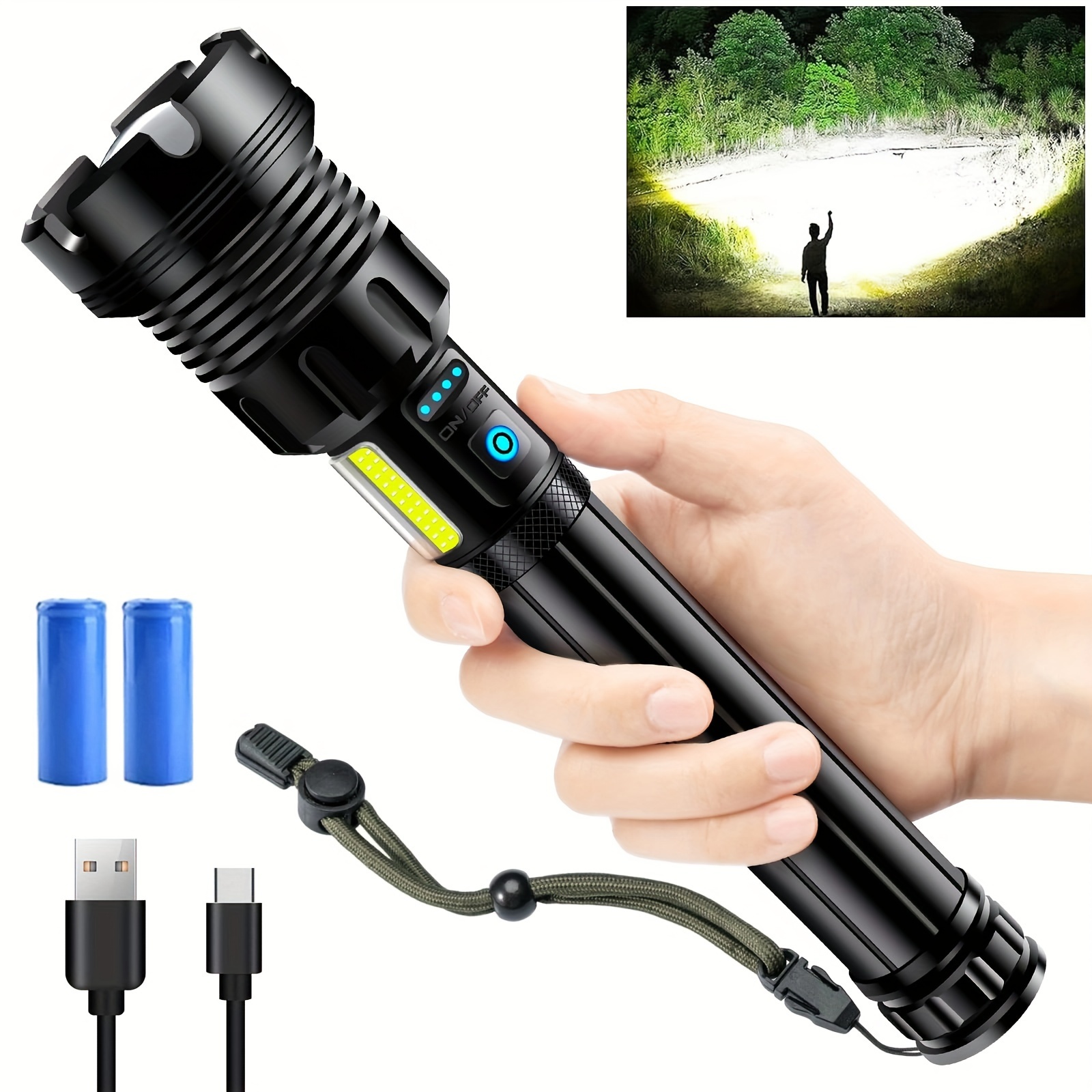 

Xhp90 Led Rechargeable Tactical Flashlights 90000 High Lumens, 7mode Brightest Flashlight With Cob Sidelight, Powerful Emergency Flashlight With Usb Output As Power Bank, Zoomable