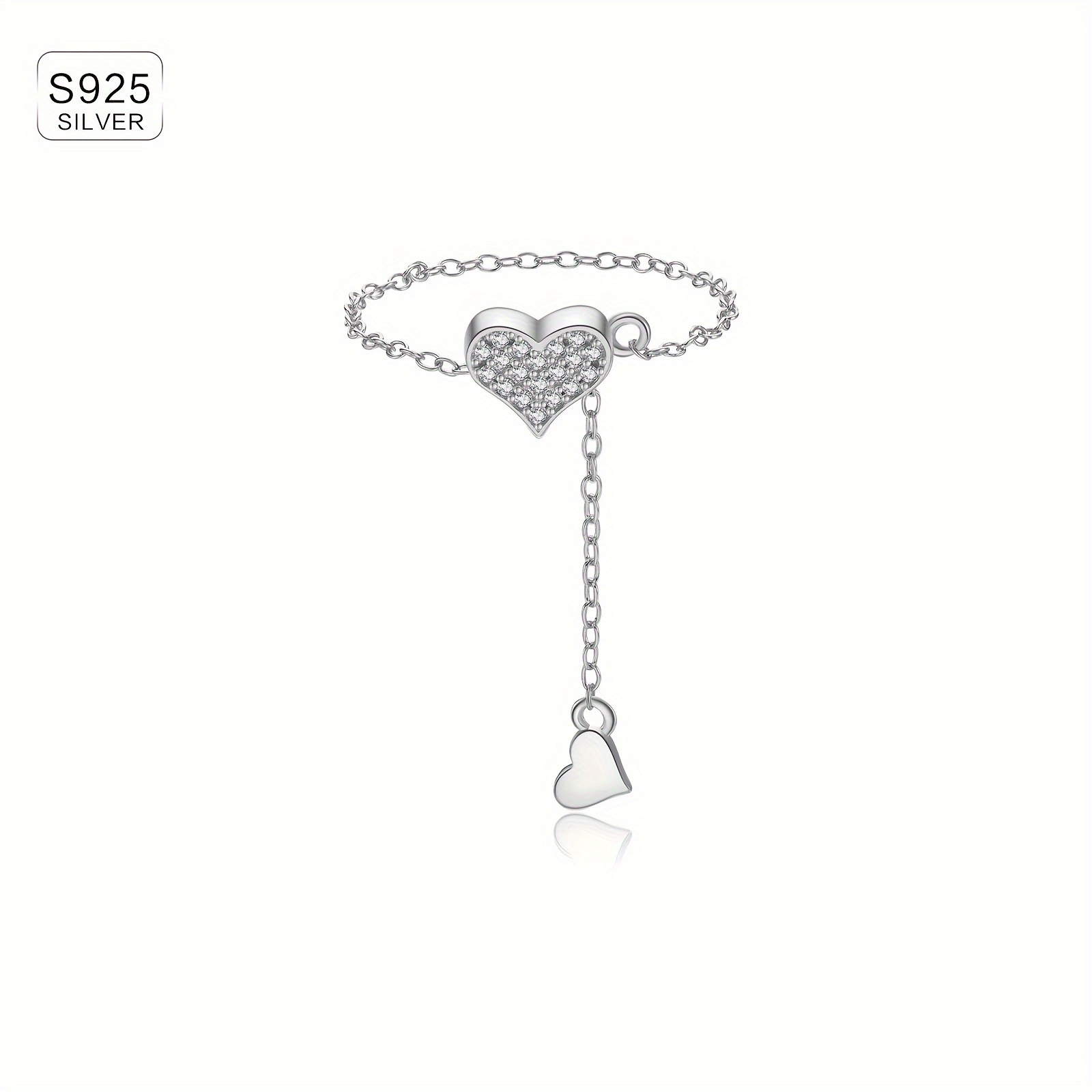 A 1.23g 925 Silver Heart-shaped Adjustable Chain Ring, Set With Sparkling Synthetic Zirconia, A Unique Gift Symbolizing Love And