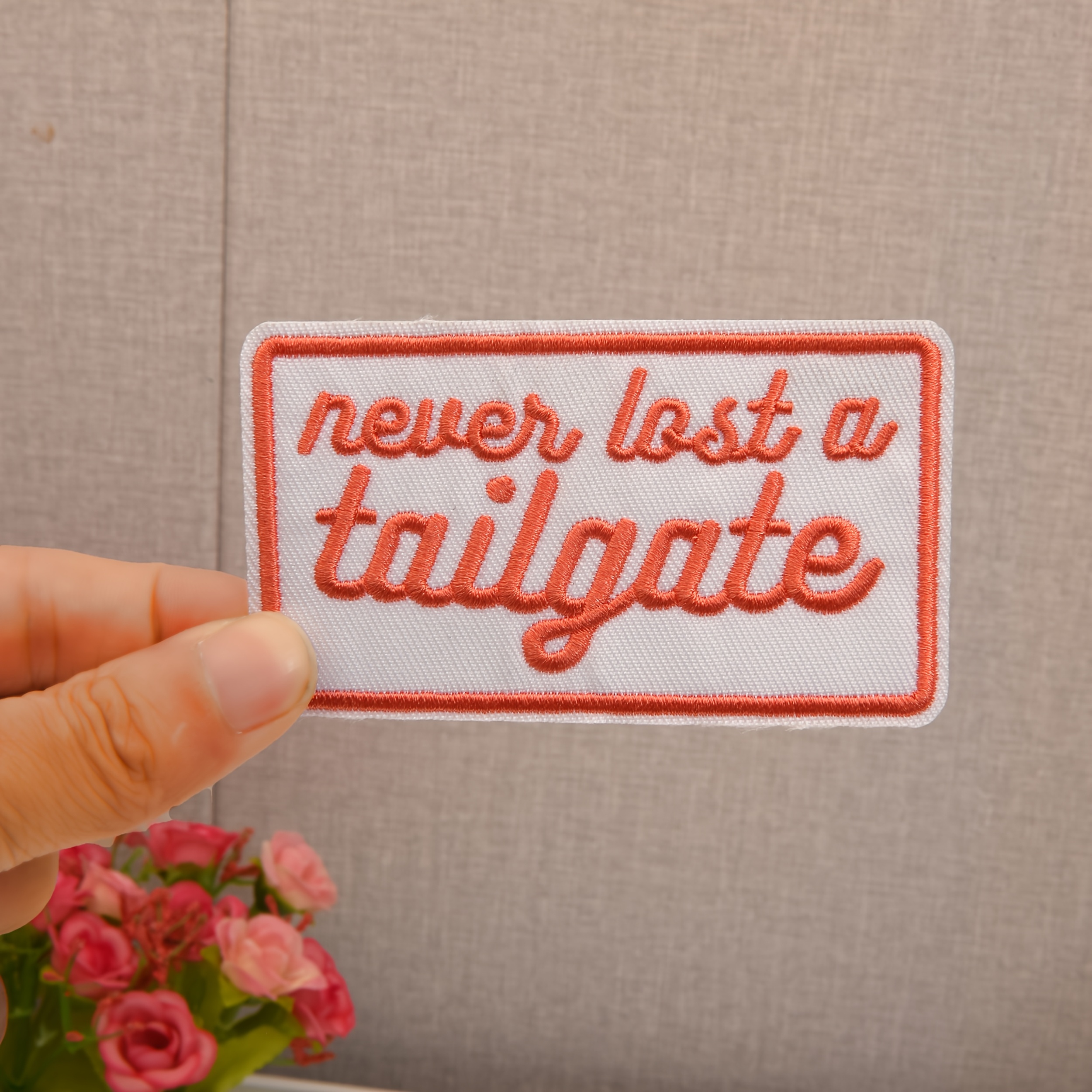5pcs Embroidered Iron-On &amp; Sew-On Patches - &quot;Never Lost a Tailgate&quot; Red/White Mixed Color DIY Decorative Patches for Truck Hats, Baseball Caps, Bags, Clothing - Durable Fabric Accessories, Cap Embellishments | Bold Lettering Patch | Heat Transfer Patch, Sewing Supplies Accessories