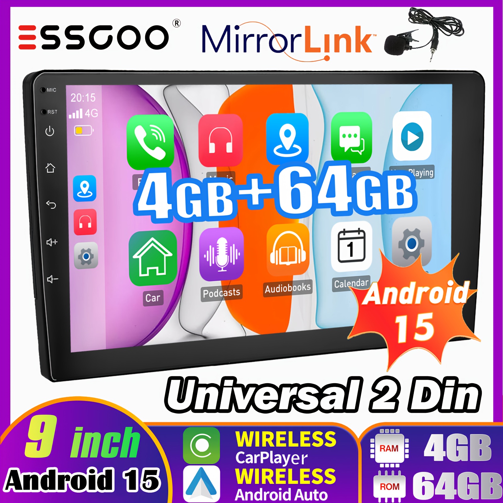 TEMU ESSGOO 15.0 Autoradio, 9 Zoll Autoradio 4GB+64GB Universal 2 DIN mit 1280*720P HD Touchscreen Auto Zubehör | GPS NAV WIFI BT | Kabelloser
