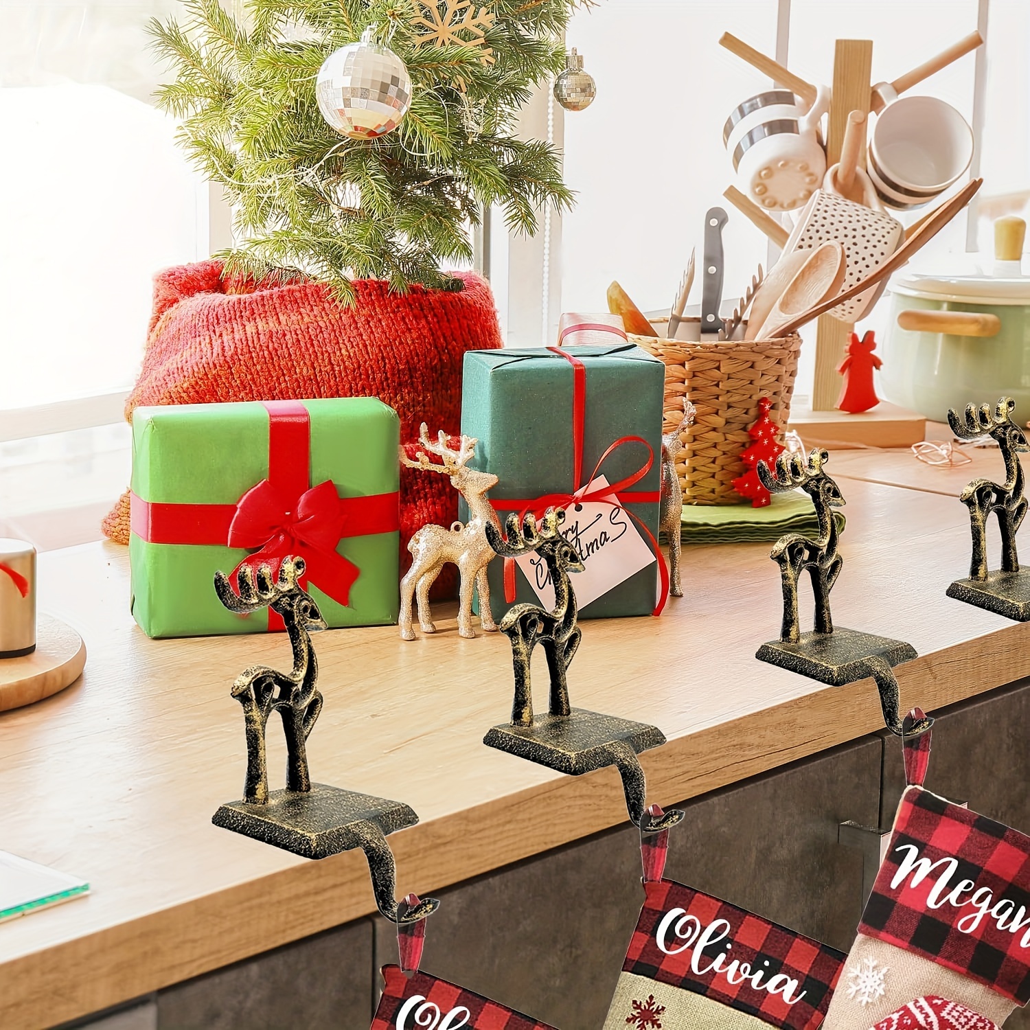 2-in-1 Fireplace Stocking & Garland Holder - No Drill Adjustable Metal Mantle Hooks For Christmas Decor