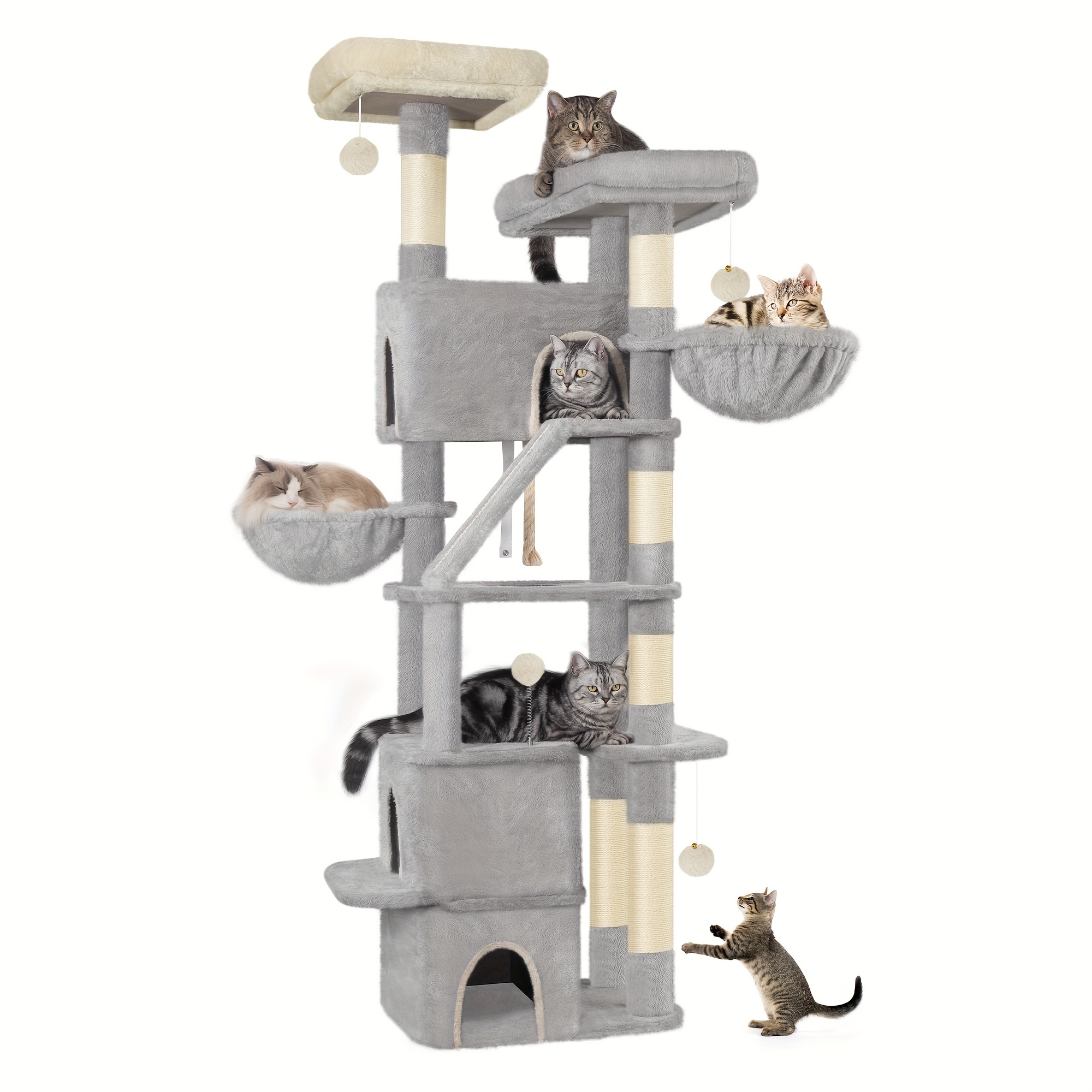 TEMU 185cm Large Scratching Post, Xxl Cat Tree, Cat Tower For Maine Cat, 7-level Scratching Post, Cat Tree With 3 Caves, 6 Scratching Posts, Light