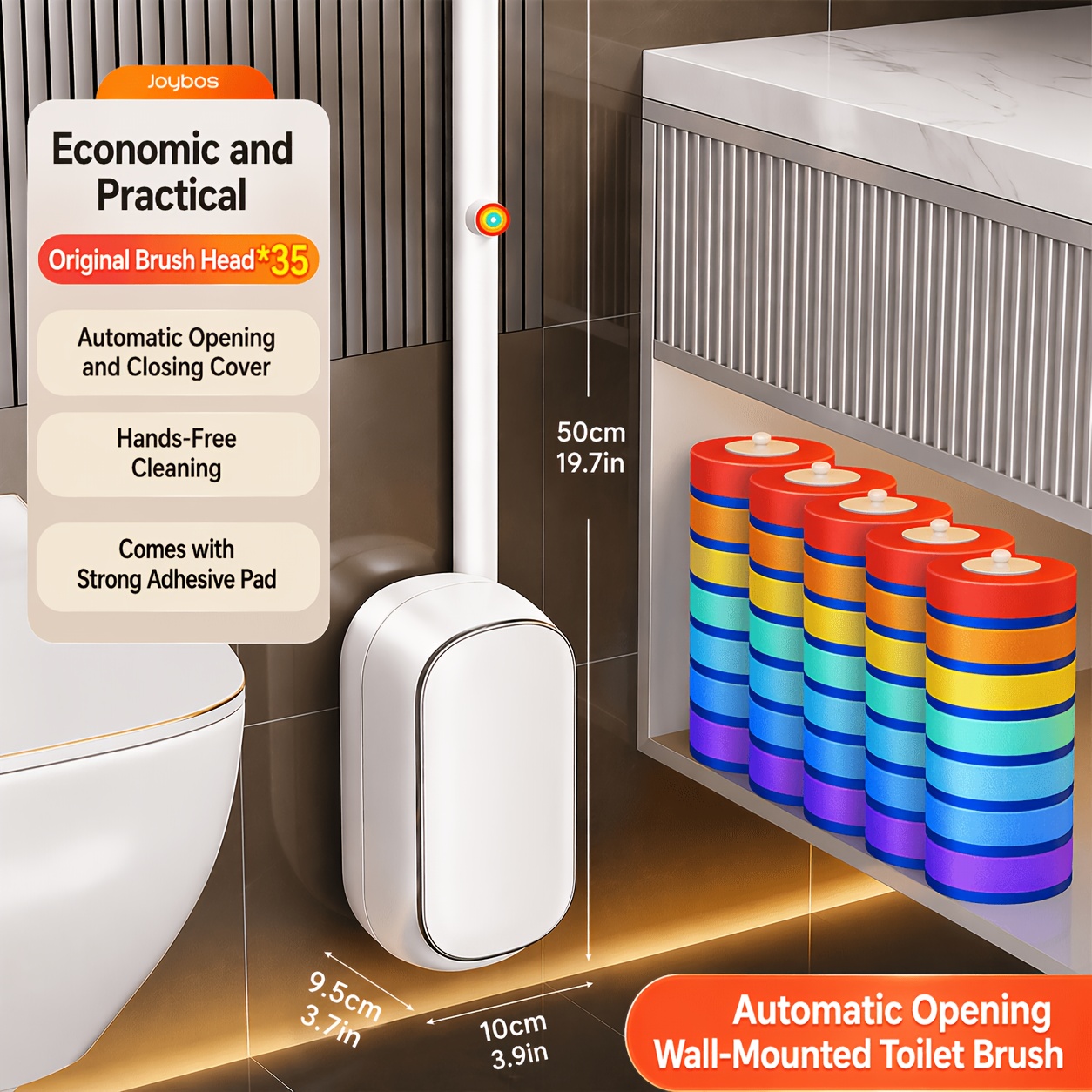 TEMU Joybos Multi-head Replaceable Toilet Brush Set, Cleaning Wand With 35 Refills, Automatic Opening Base, Space- Wall Mount Scrubber, Scratch-free