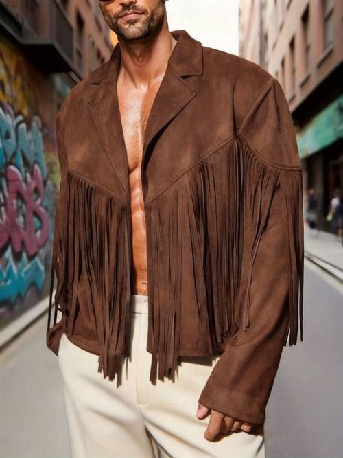 mens velvet casual tassel western style coat