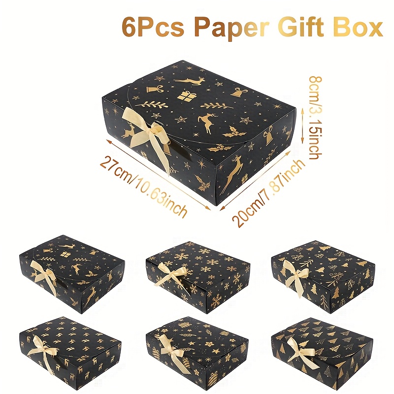 6pcs, Merry Christmas Gift Boxes With Ribbons, Snowflake Elk Christmas Tree Designs Black Box Packs, Christmas Party Paper Favor Boxes, Gift, Winter New Year Favor Decor, , Noel, Navidad Decor