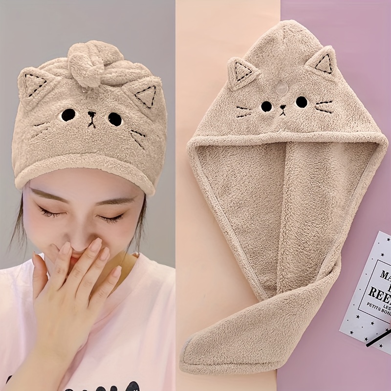 TEMU A Cute Cat-themed Shower Cap For Drying Hair, Designed As -dry Towel For Adults, Featuring Absorption And Soft Polyester Fiber. This Bathroom
