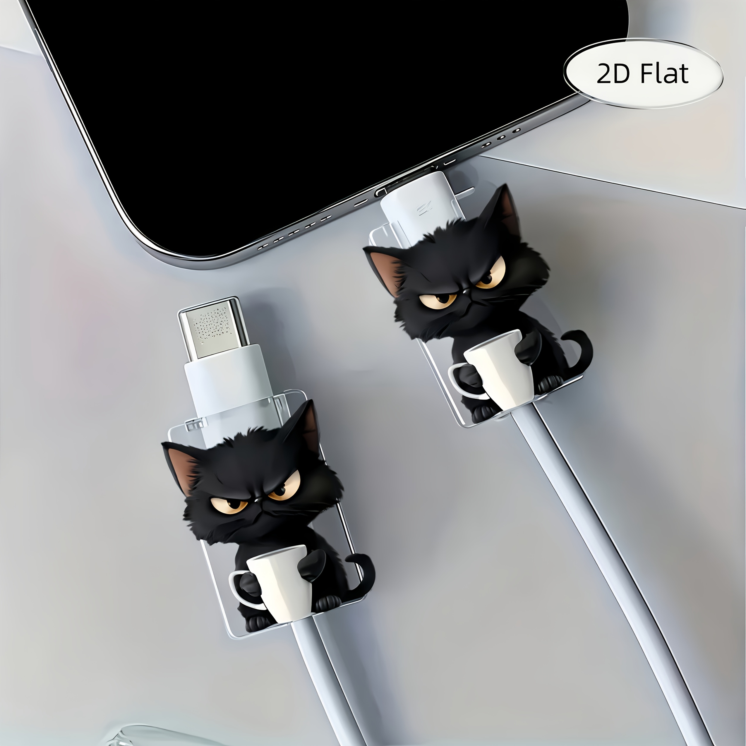 TEMU 4pcs Angry Little Black Cat Picture 2d Acrylic Data Cable Protectors, Anti-breakage, Type- Phone Data Cable Protectors, Beautiful And Durable