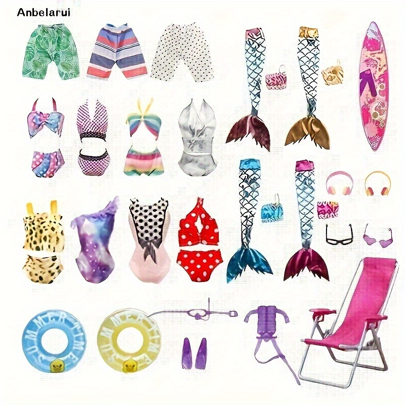 

Anbelarui 8pcs Summer Doll Wardrobe Set - Fashion Bikinis, Shorts & Mermaid Dresses With Fun Surf Accessories For Boy & Girl Adventures - Premium Toy Clothing Collection