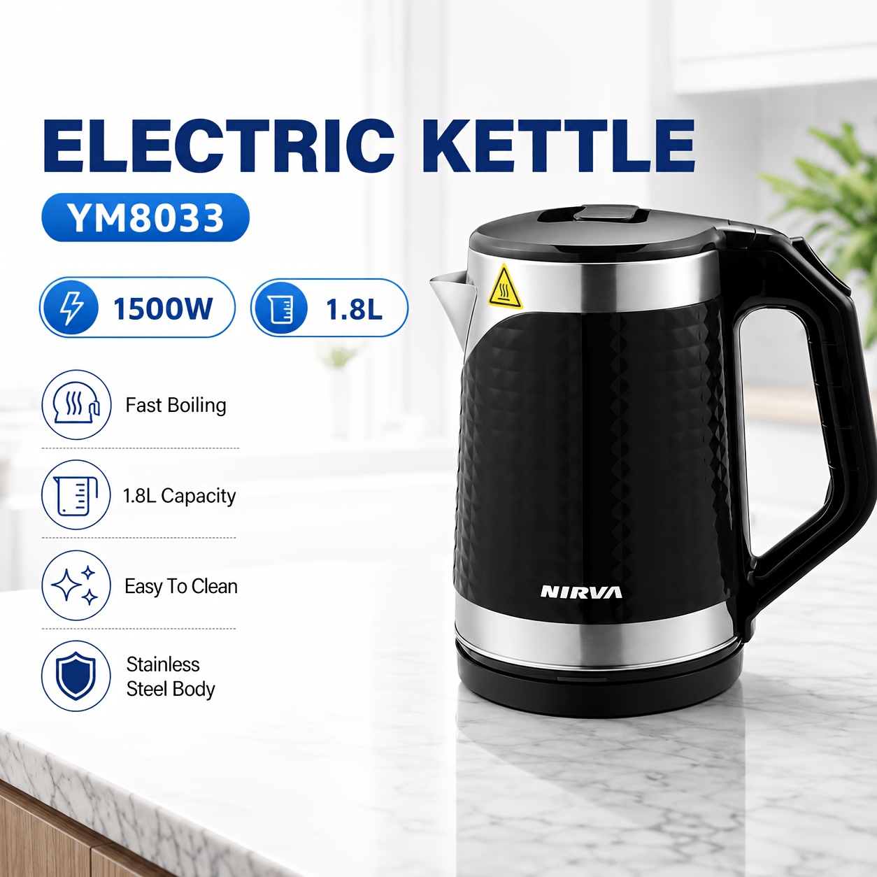 Image of Nirva Large Capacity Stainless Steel Electric Kettle, Fast Boiling, With Automatic Shut-off And Boil-, 360° Cord Base, Heat-resistant Handle, Suitable For Making Tea And Coffee At Home And