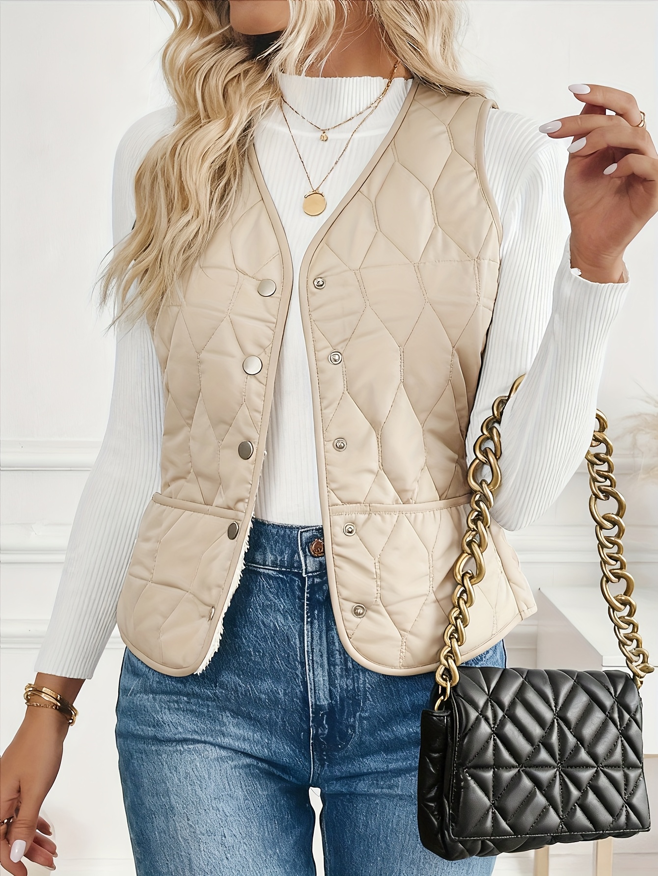 womens elegant winter vest jacket with full zip closure   beige grey tan sleeveless outerwear for layering machine washable coat no bulk casual formal use apricot 2