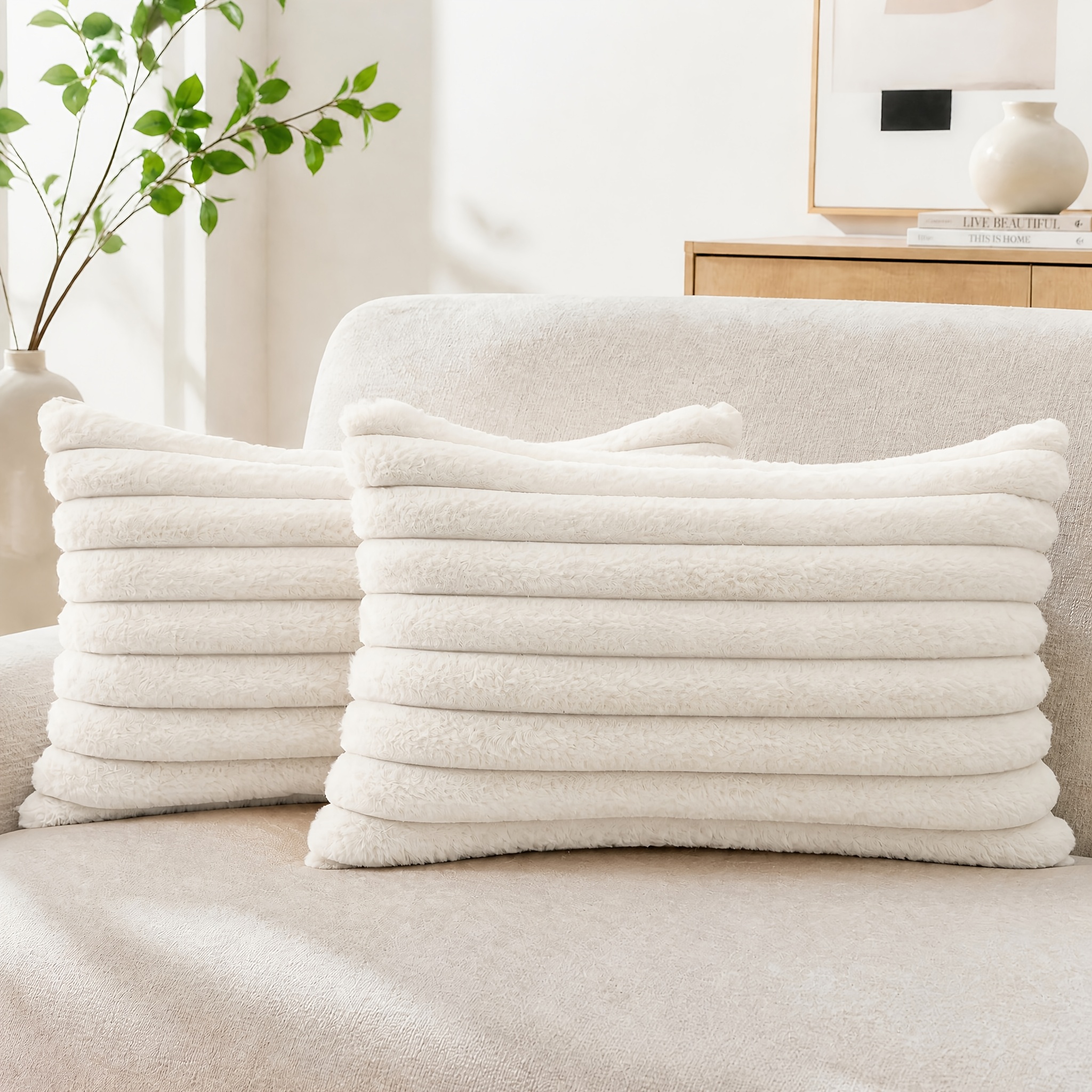 TEMU 2pcs Throw Pillow Covers, Luxury Soft Fluffy Striped Modern Decorative Cushion Covers, Boho Farmhouse Sofa Couch Living Room Decor, 12x20 16x16