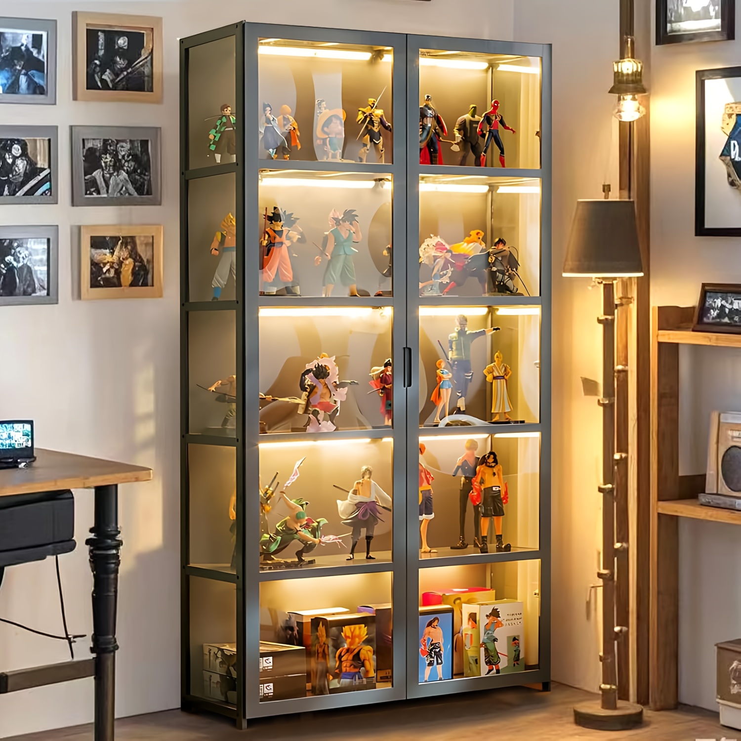 display cabinet with acrylic doors 5 shelf   and bookcase for book and toy collections doll blocks and book file storage floor standing suitable for office living room and bedroom