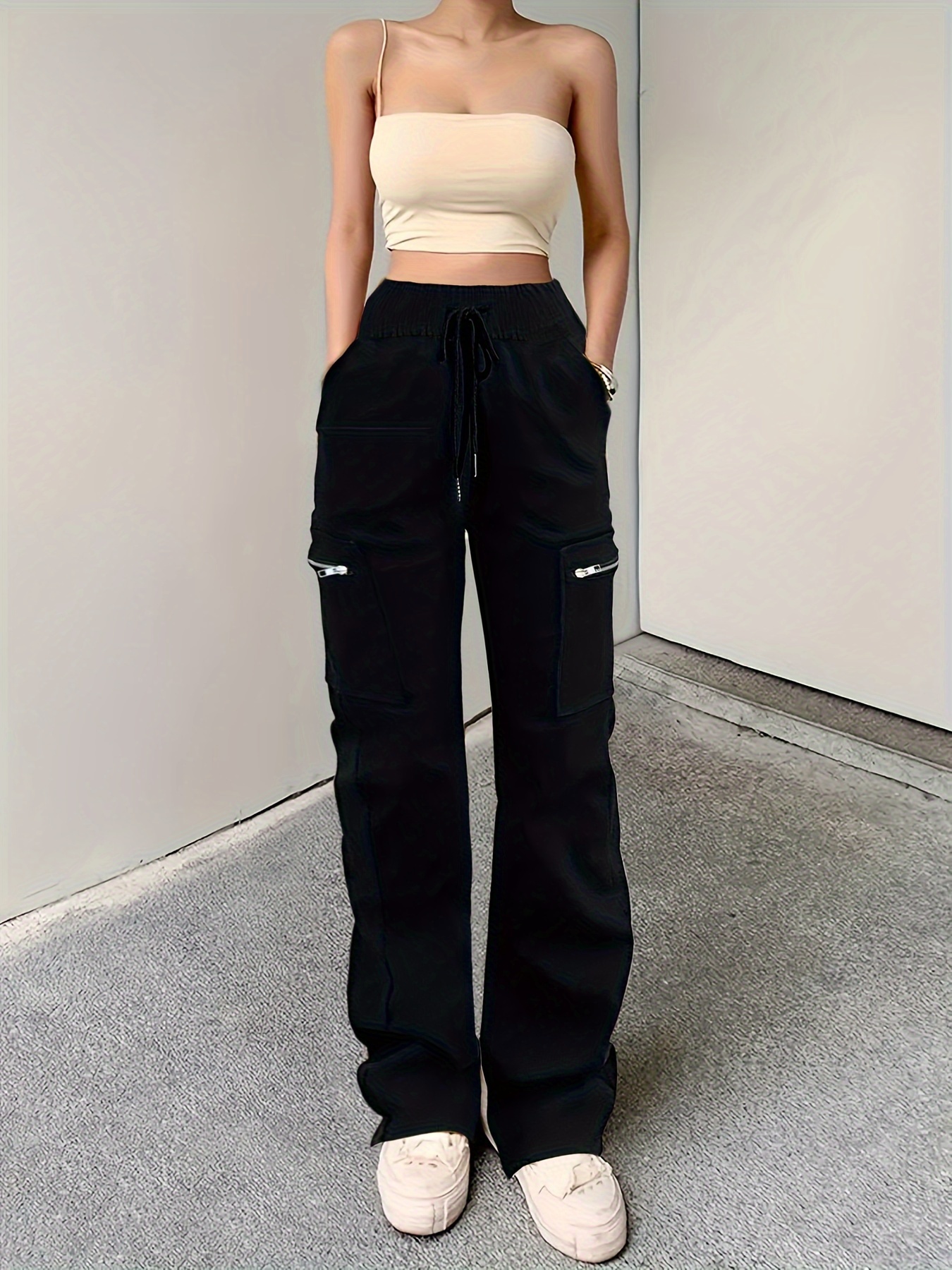 Flap Pockets Straight Leg Cargo Pants Casual High Waist - Temu