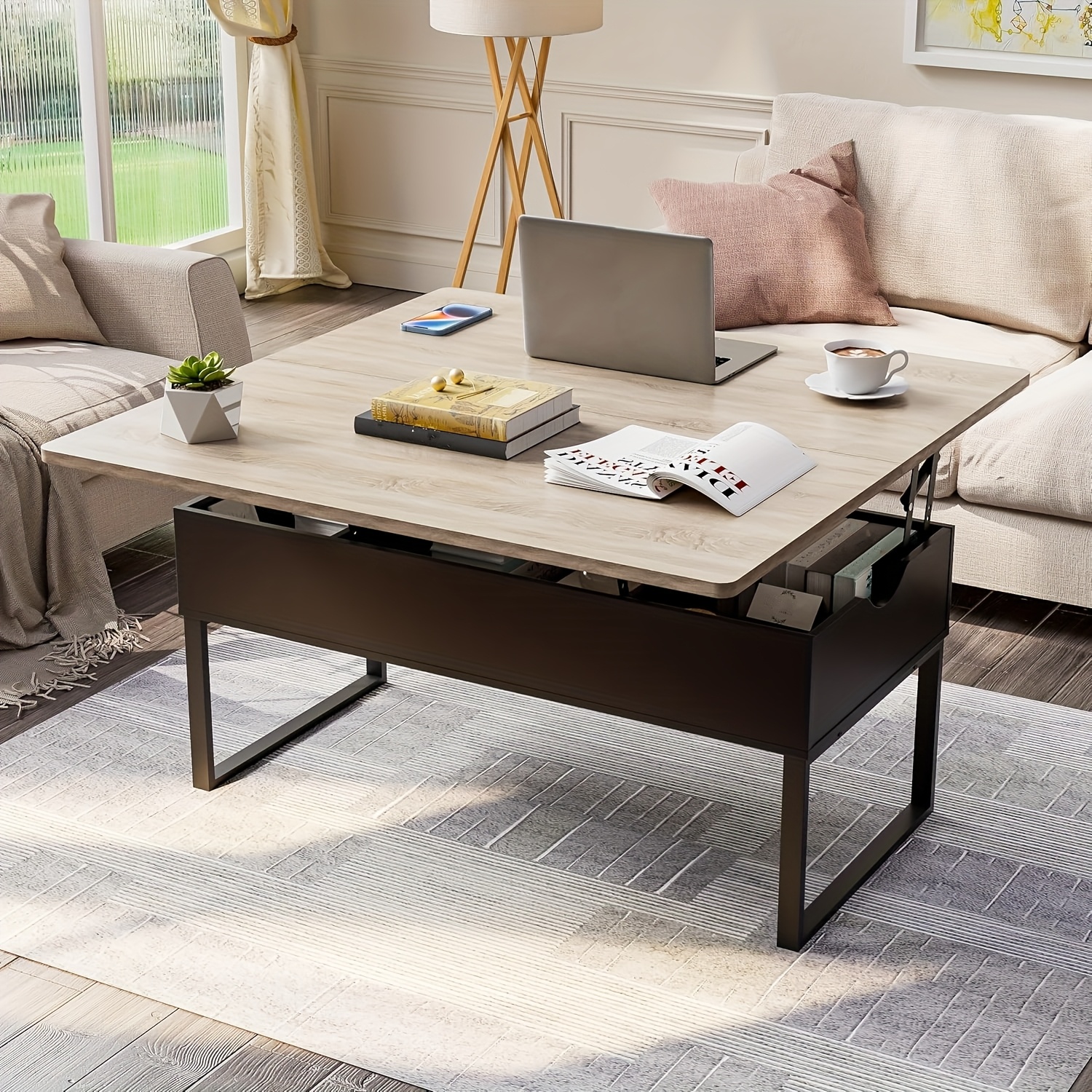 E-shop Couchtisch, Wohnzimmertisch aus Holz, moderner Stil, höhenverstellbar, vielseitiger Mehrzweck-Tisch, Couchtisch mit verstecktem Stauraum,