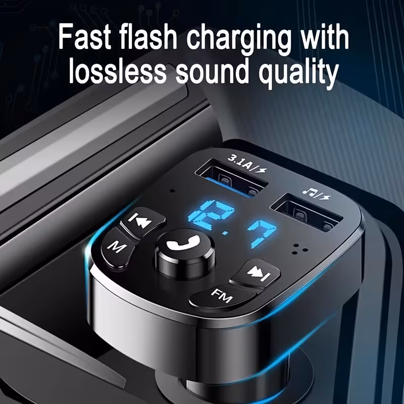 mp3 плејер за автомобил, тип c usb-c брзо полнење, двоен usb авто полнач, рачно-слободна опрема за автомобил, безжичен fm преносувач, fm модулатор, авто приклучок, ≤36v напон на работа, без батерија, со безжична функција Детали за производот 0