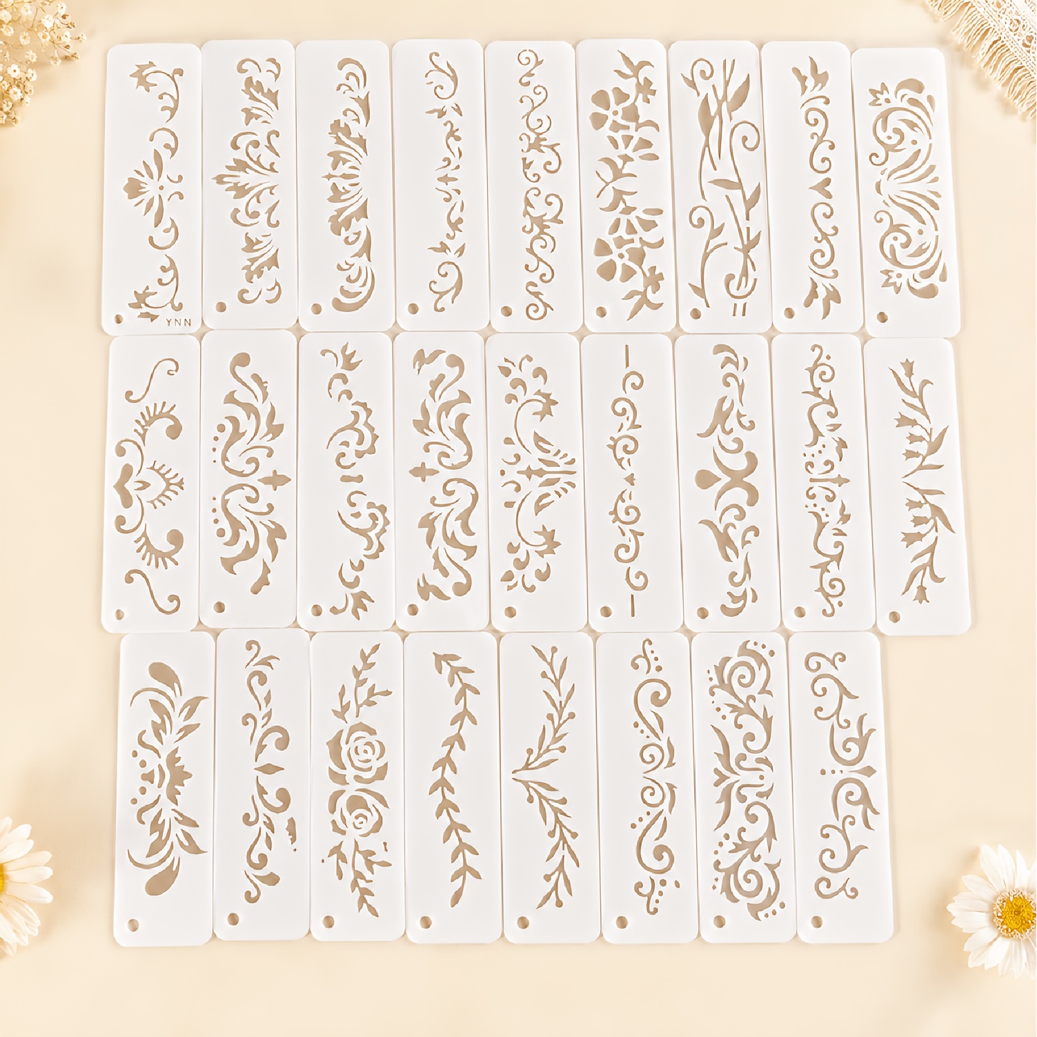 TEMU YNN Ensemble de 26 pochoirs de bordure fines, réutilisables, en Mylar, pour peinture, modèle européen de rouleau, motif floral de , feuille de