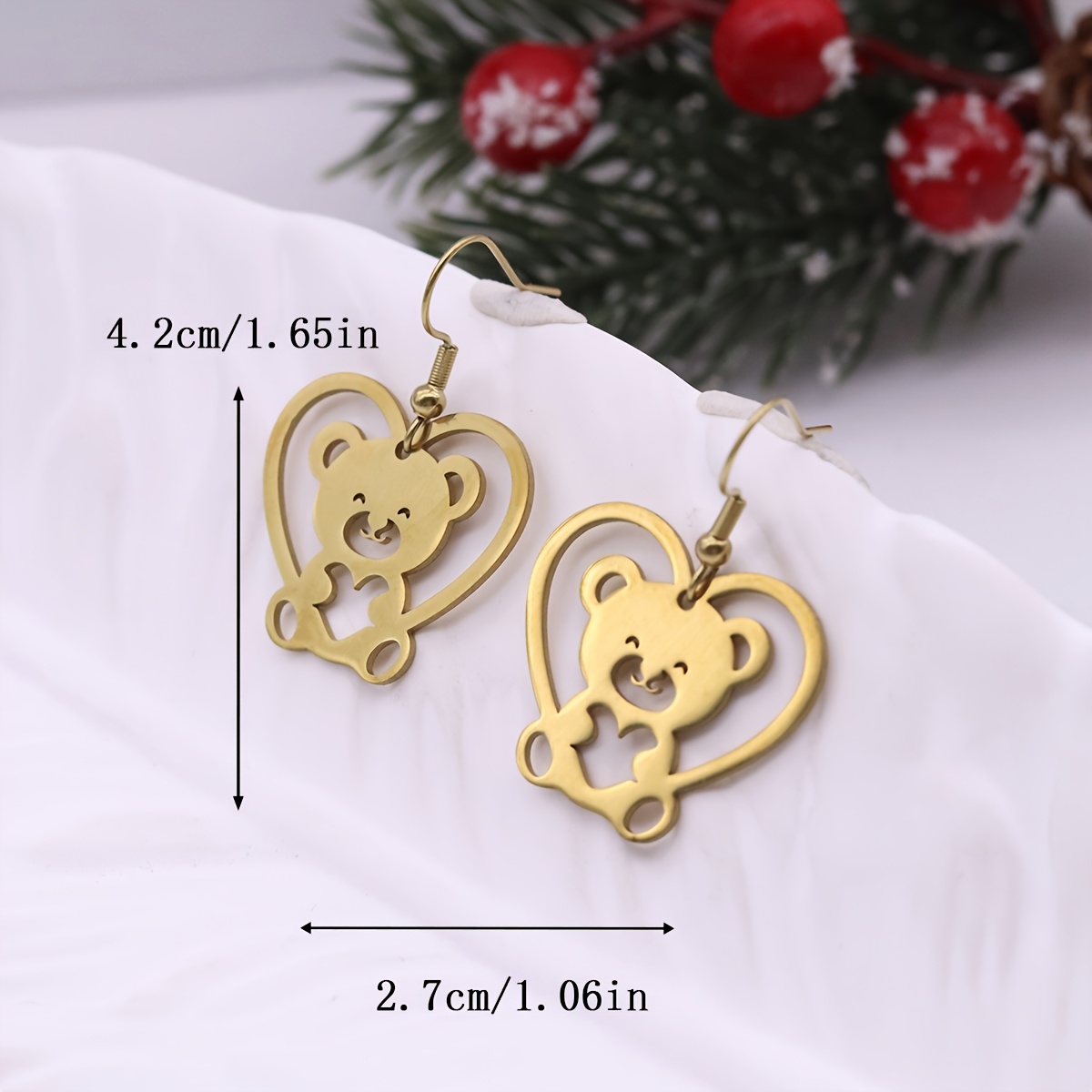 Hollow Heart Bear Earrings, Cute Animal Gift