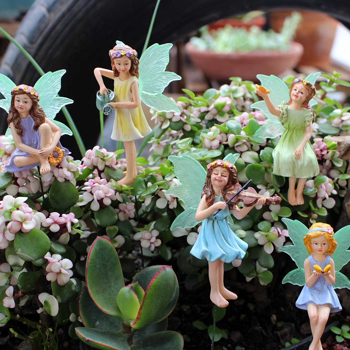E-shop Ein Set aus fünf bunten Feengarten-Statuen, vielseitige Blumen- aus Kunstharz, für die Schaffung einer Atmosphäre im Frühlingsfest-Stil, ideal