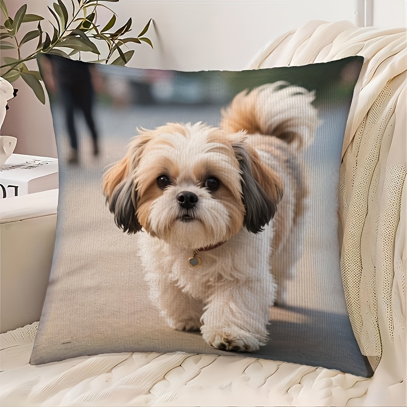 TEMU 2d Flat - A Shih Tzu Plush Pillow Cover Measuring 18*18 Inches, Featuring A Realistic Fluffy White And Brown Shih Tzu A Beige Background. ,
