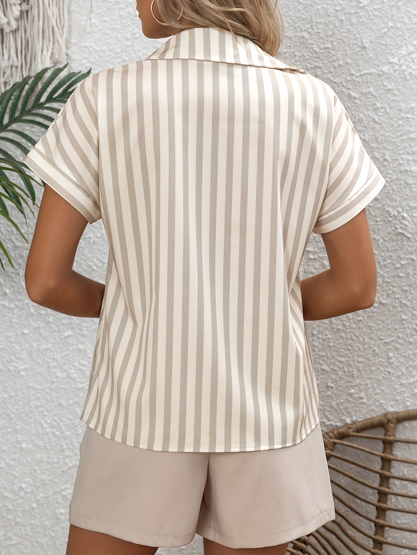 Women'S French Polo Shirt with Batwing Sleeves, Striped Print, 100% Polyester, Regular Length, Button Detail, Woven Fabric, 120g/m?, Spring/Summer/Fall Season