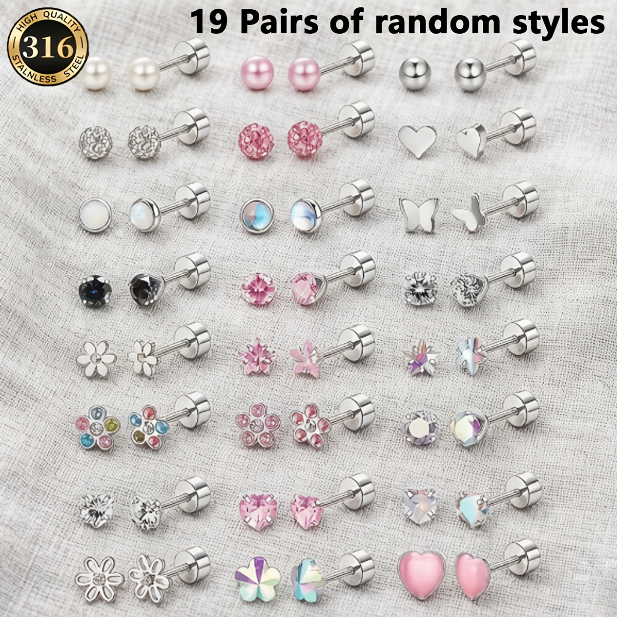 TEMU Spring/summer 13-pair Or 19-pair (random Styles) Stainless And Flower Synthetic Synthetic Zirconia Stud Earrings, Hypoallergenic Cartilage