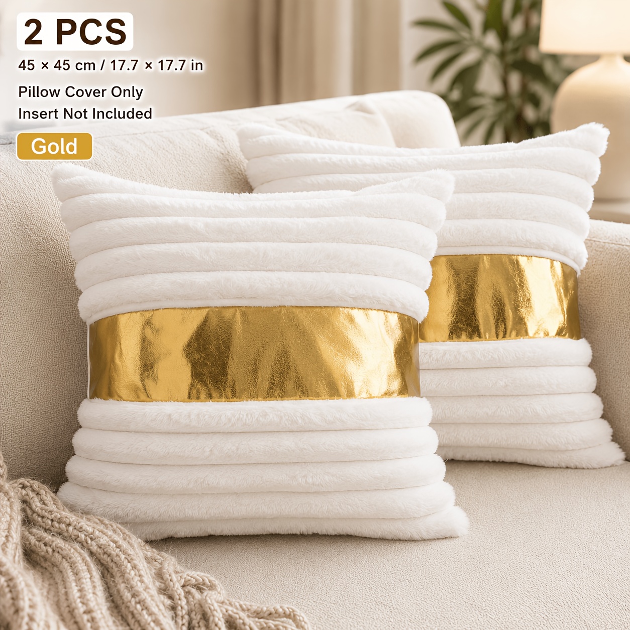 TEMU Parure de 2 taies d'oreiller décoratives 45×45 cm en peluche avec bande métallique, options dorées/argentées, housse de coussin pour canapé,