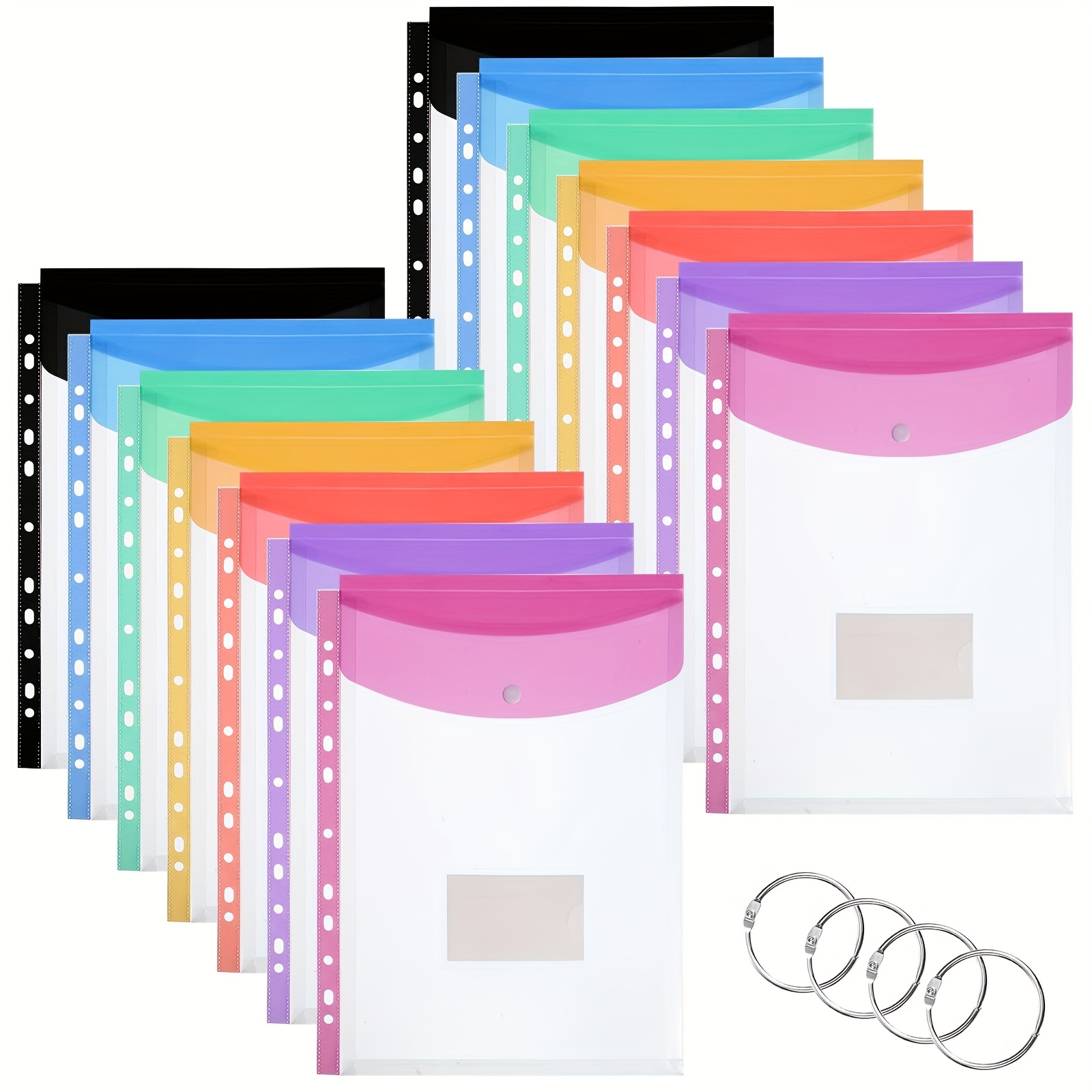Image of Set Of 14 A4 Plastic Pockets, Expandable Folders For Documents Featuring Buttons, Tab Cards, And 4 Binders Suitable For School, Office, Home, And Travel